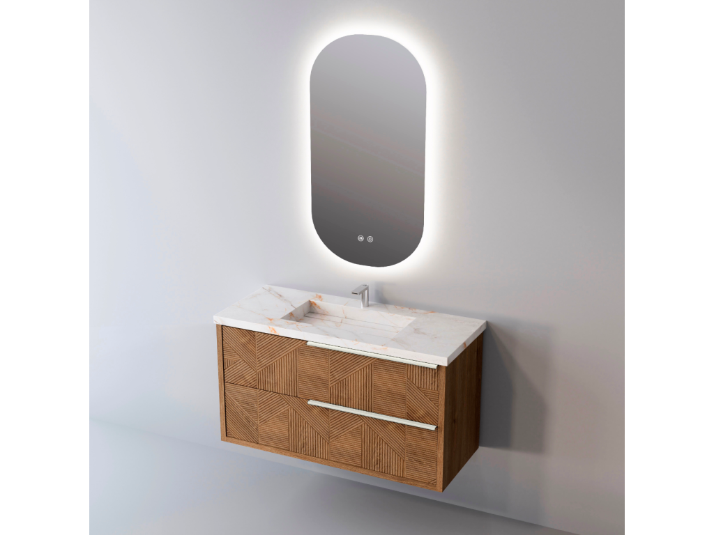 Bathroom vanity unit with white porcelain stoneware basin, Storm finish, 2 medium oak drawers, satin stainless steel handles, W100 x H54 x D45 cm, 3D effect, REEL CCFR78157