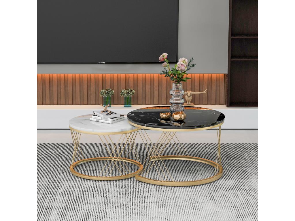 Set of 2 Scandinavian Nesting Tables - Marble Pattern Veneer - White / Black BYOT13730