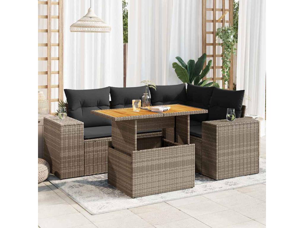 5-piece garden furniture set with grey resin wicker cushions BMUJ51215