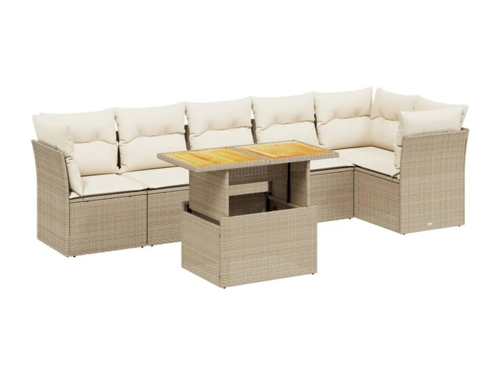 7-piece garden furniture set with cushions, beige woven resin TVKD01960