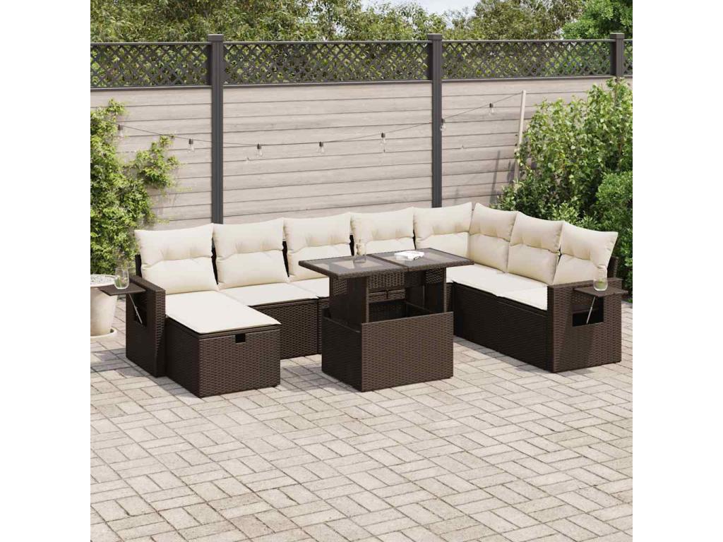 Garden furniture set with cushions, 9 pieces, brown woven resin, NRRH29105