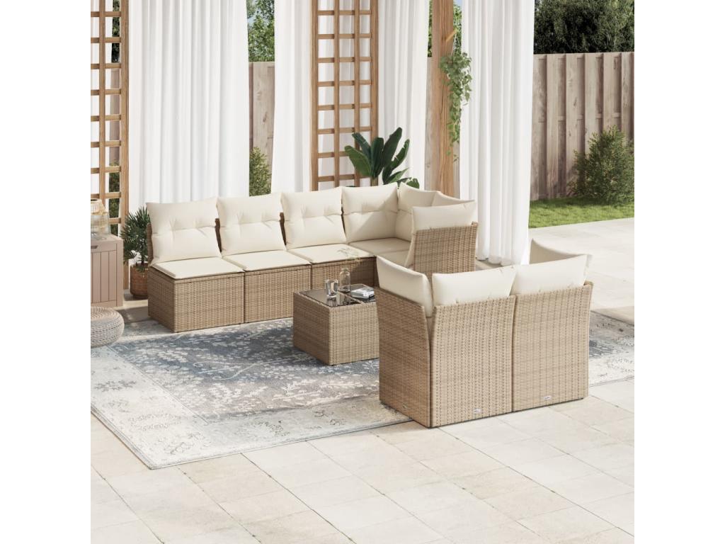 8-piece garden furniture set with cushions, beige woven resin GWLJ78174