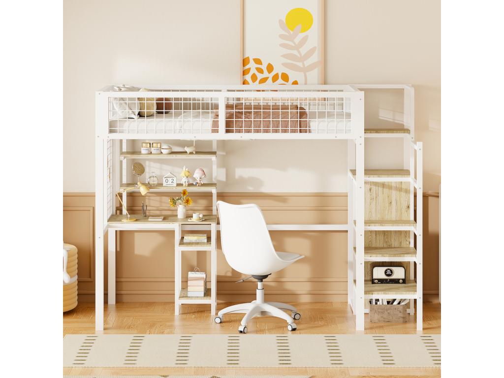 90x200cm loft bed, children's iron bed with safety ladder, computer desk, storage shelf, and wire mesh, white EHKE17702