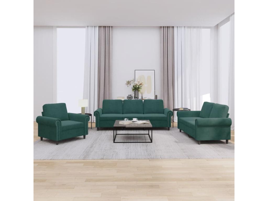 3-Piece Sofa Set with Cushions, Dark Green Velvet MXHJ31279