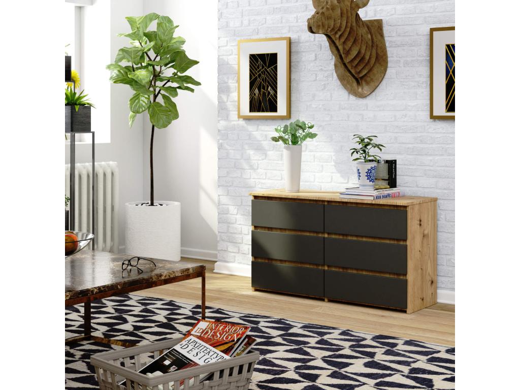 Nobellea CL100 Small Chest of Drawers, Nobellea Oak, 100 cm, 6 Drawers, Graphite Grey Front, 100x35x57 cm, JTGE91552