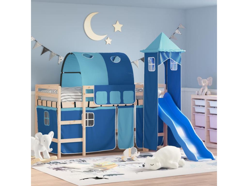 Children's loft bed with tower, mattress not included, blue, 80x200 cm, fixed, E50780