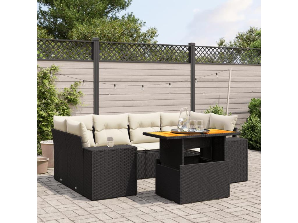 7-piece garden furniture set with cushions, black woven resin ELFC65717