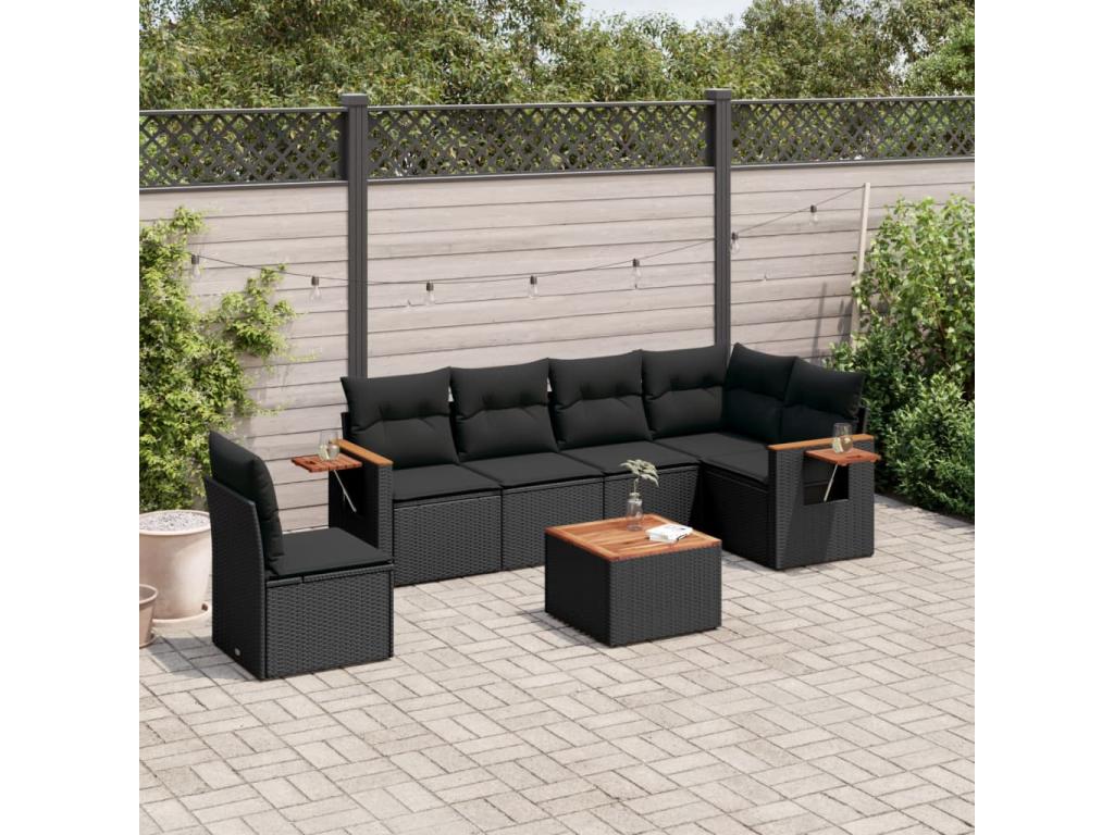 7-piece garden furniture set with cushions, black woven resin QVTJ59996