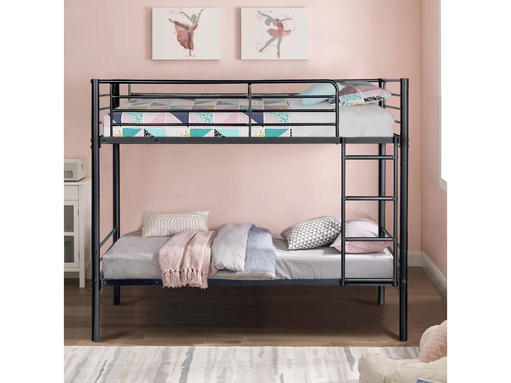 Nobellea Bunk Bed, Raised Bed for 2 People, Slatted Base Included, 90x190 cm, Black Lacquered Metal, Industrial Style, AGOL68137