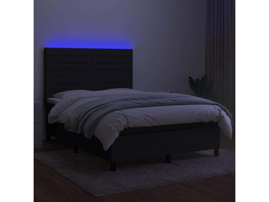 Upholstered bed base with mattress and LED lighting, black, 140x200 cm, fabric JJST25041