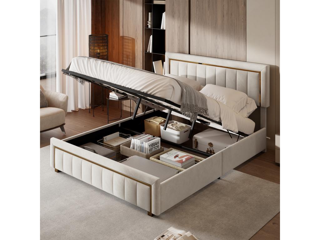Upholstered double bed 160x200 storage bed with slatted base adult bed 160x200 with hydraulic lever beige velvet TPXZ60620