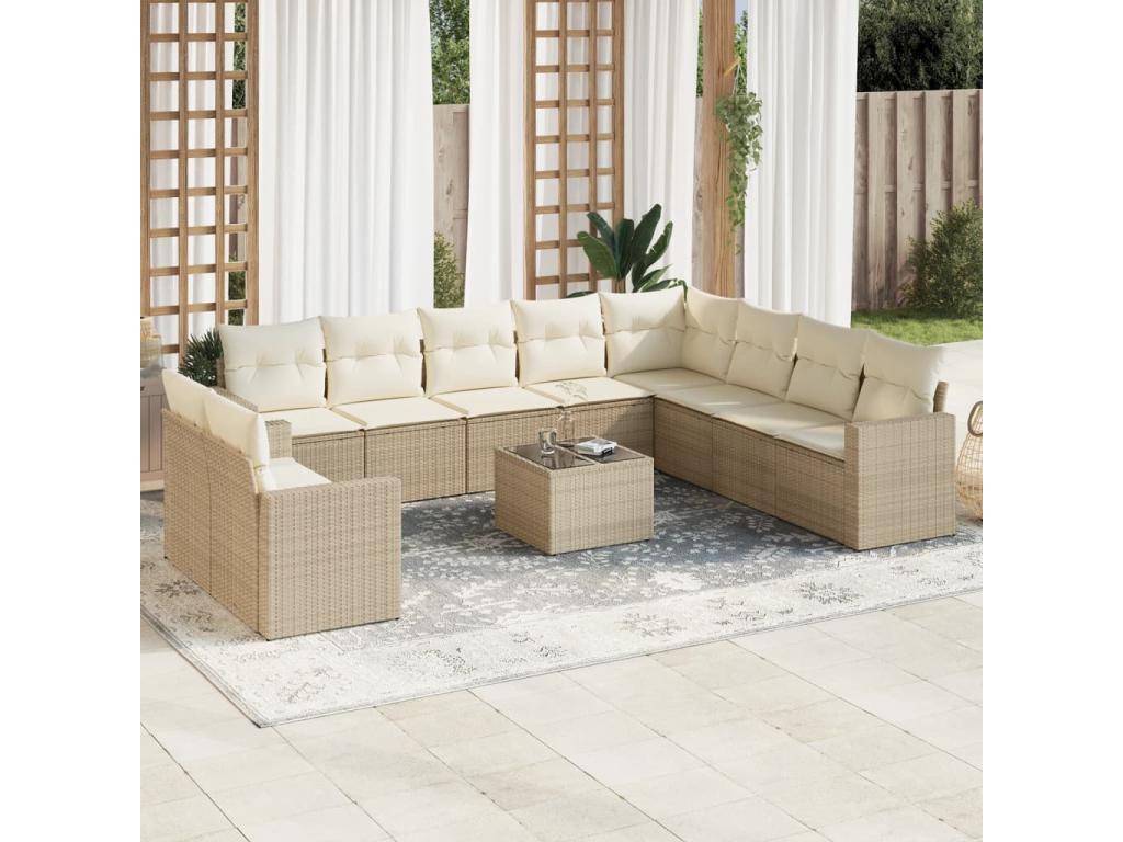11-piece garden furniture set with beige cushions, woven resin FDBD10153