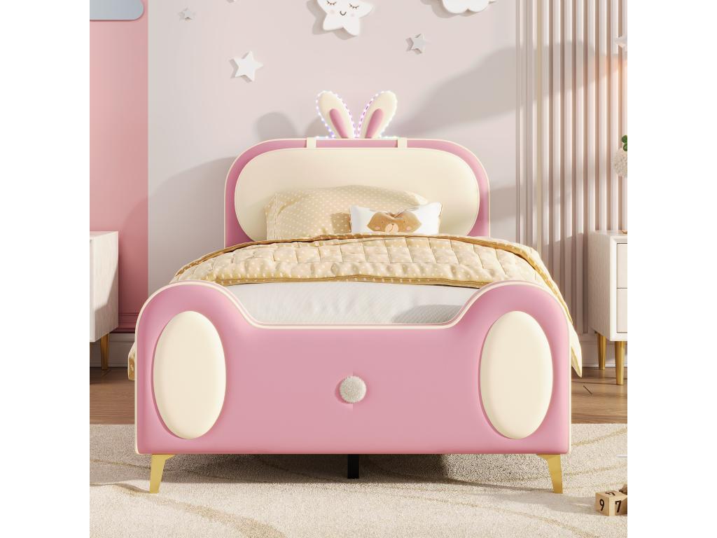 Children's single bed 90x200 cm with rabbit headboard and LED strip, solid wood and tubular iron frame, beige and pink PJLM51698