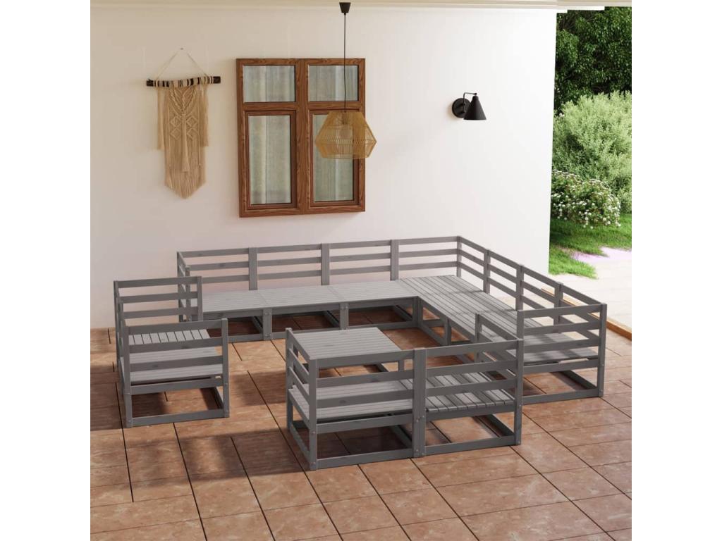 12-piece garden furniture set, grey solid pine wood SINJ81495