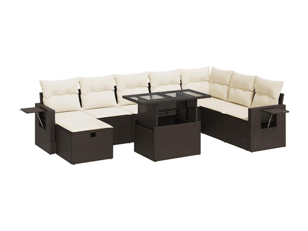 Garden furniture set with cushions, 9 pieces, brown woven resin, NRRH29105