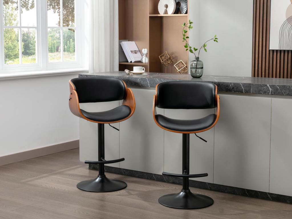 Set of 2 bar stools in faux walnut veneer and metal - Black and Dark Natural - Adjustable height - Nobellea UQIC93073