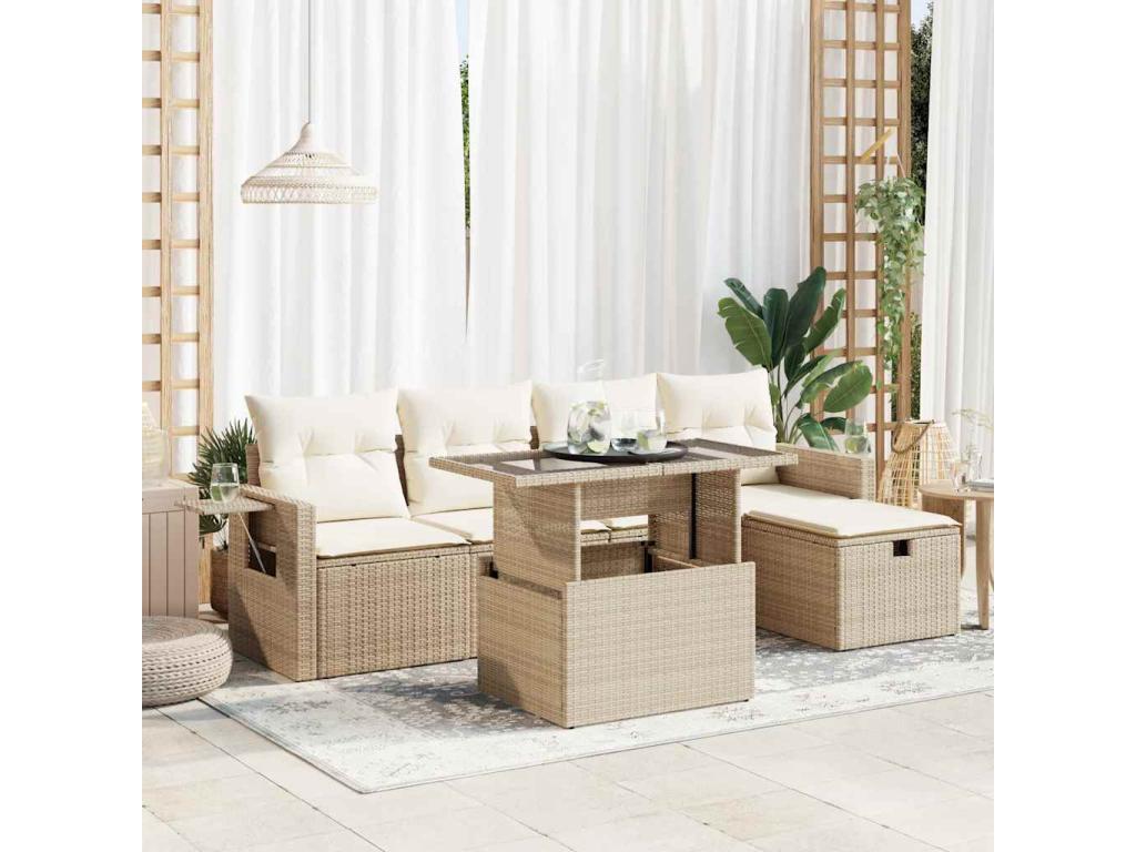 Garden furniture set with cushions, 6 pieces, beige woven resin, WGQS49301