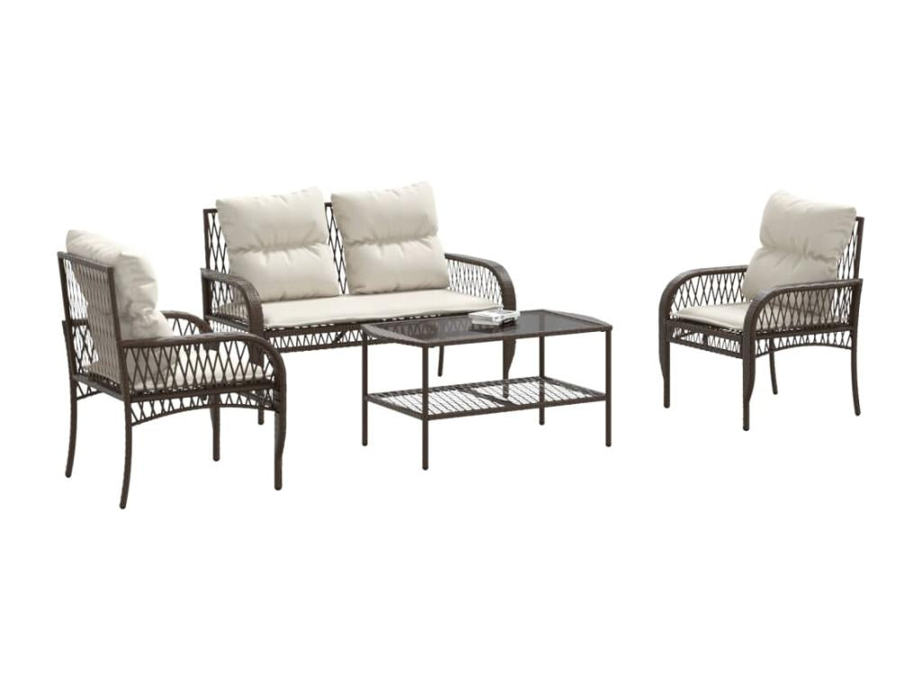 4-piece garden furniture set with brown resin wicker cushions QNAV90689