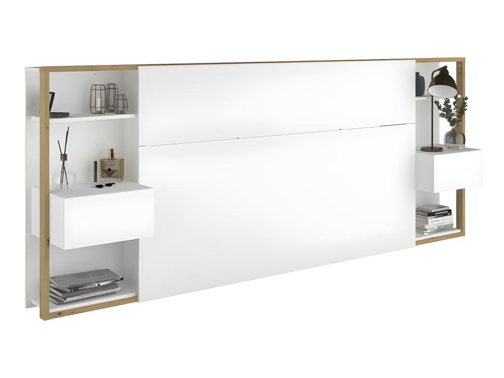 Bed with bedside tables and storage 160x200 cm - White and natural color - Slatted base and mattress - Nobellea WWLQ88518
