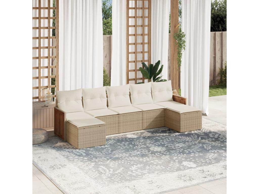 7-piece garden furniture set with cushions, beige woven resin ZLPV83204