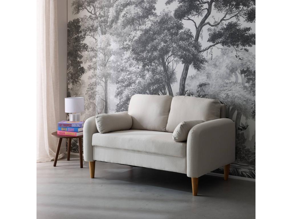 Rounded Scandinavian 2-seater sofa in white fabric with rubberwood legs IIIL20412