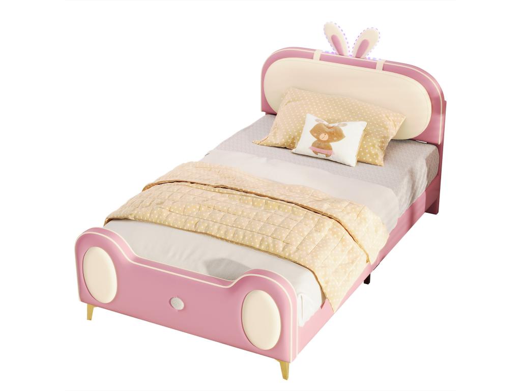 Children's single bed 90x200 cm with rabbit headboard and LED strip, solid wood and tubular iron frame, beige and pink PJLM51698