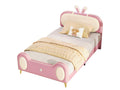 Children's single bed 90x200 cm with rabbit headboard and LED strip, solid wood and tubular iron frame, beige and pink PJLM51698