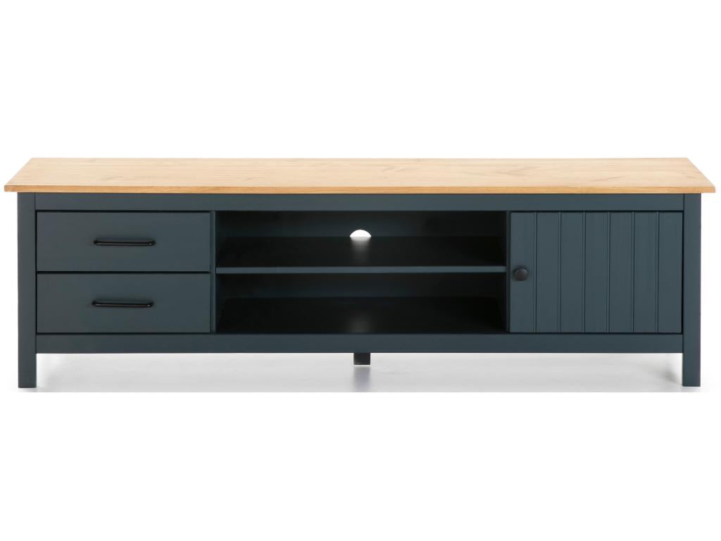 Solid pine TV stand with waxed oak and blue finish, storage unit - Length 158 x Depth 40 x Height 47 cm ACWV89082