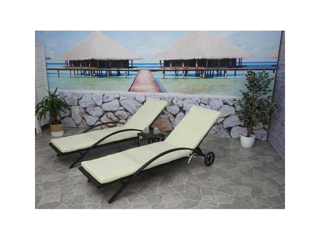 2x Boisona-E27 polyrattan sun loungers - brown with cream-beige cushions NLUS43726