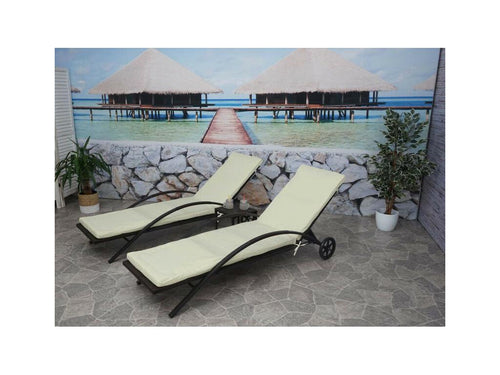 2x Boisona-E27 polyrattan sun loungers - brown with cream-beige cushions NLUS43726
