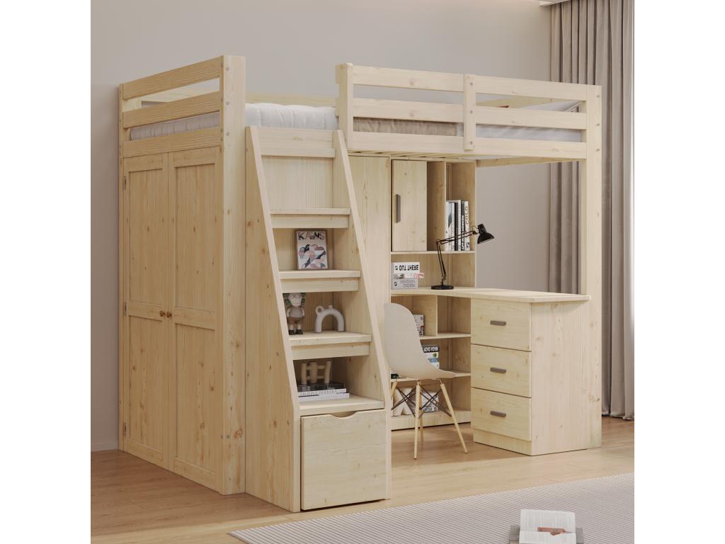 90x200 cm loft bed with wardrobe and 1 drawer - Solid wood plywood MDF - Nobellea slatted base - Natural finish, mattress not included YKHU65784