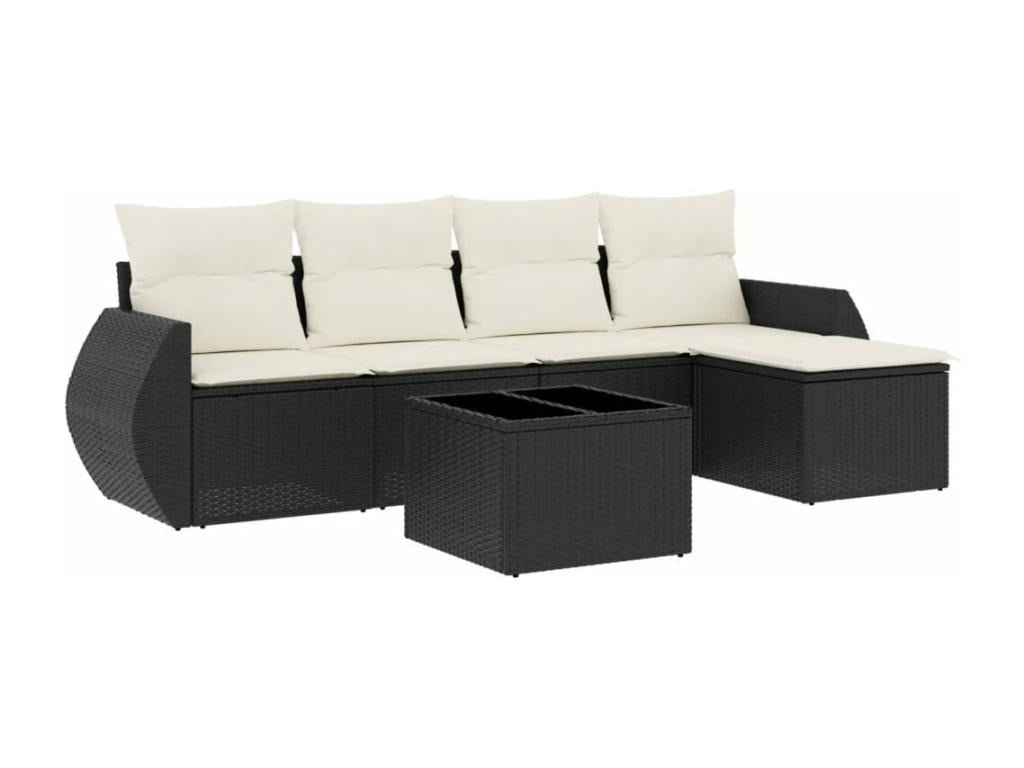 6-piece garden furniture set with cushions, black woven resin SRPB49033