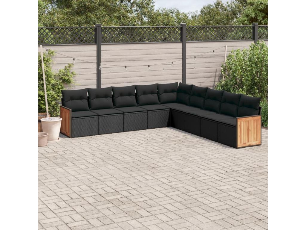 9-piece garden furniture set with cushions, black woven resin KFSJ69788