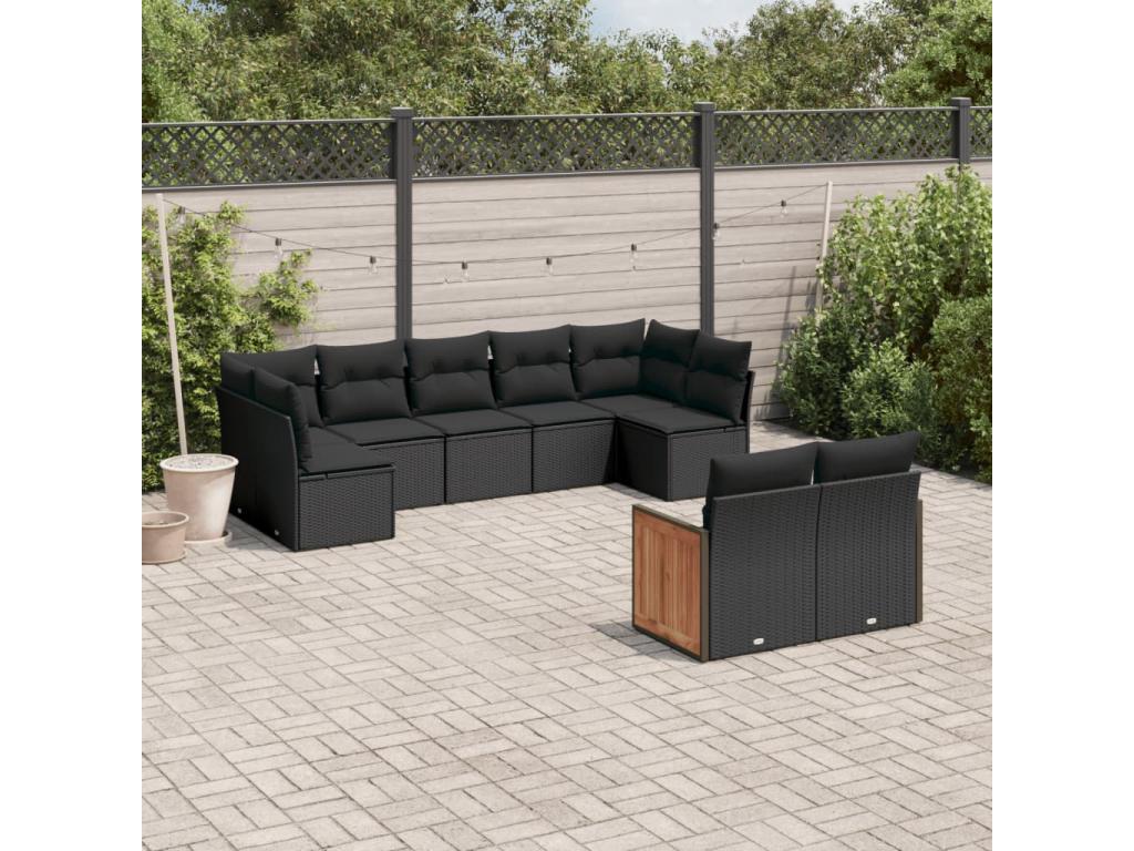 9-piece garden furniture set with cushions, black woven resin DLHI24546