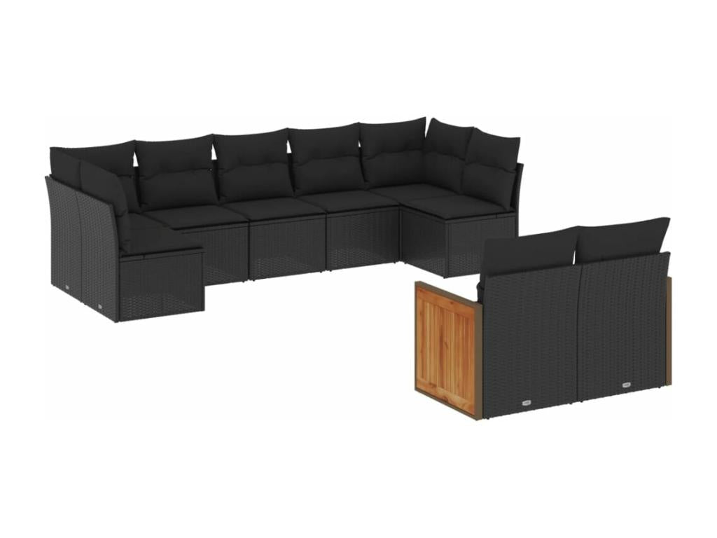 9-piece garden furniture set with cushions, black woven resin DLHI24546