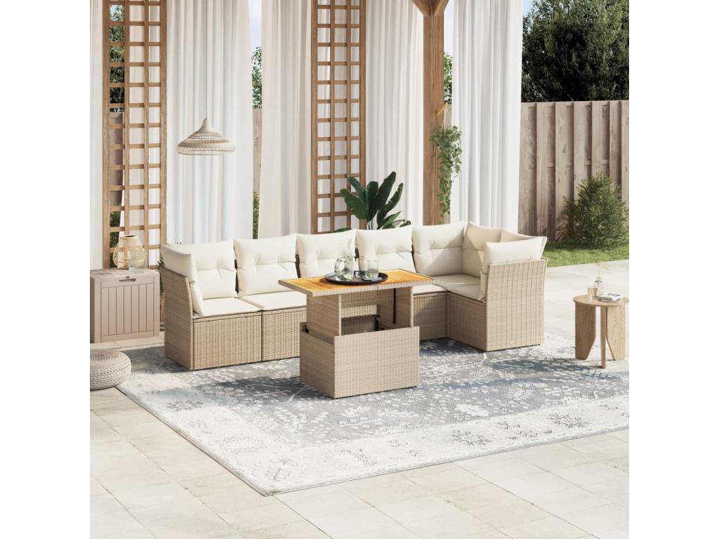 7-piece garden furniture set with cushions, beige woven resin TVKD01960