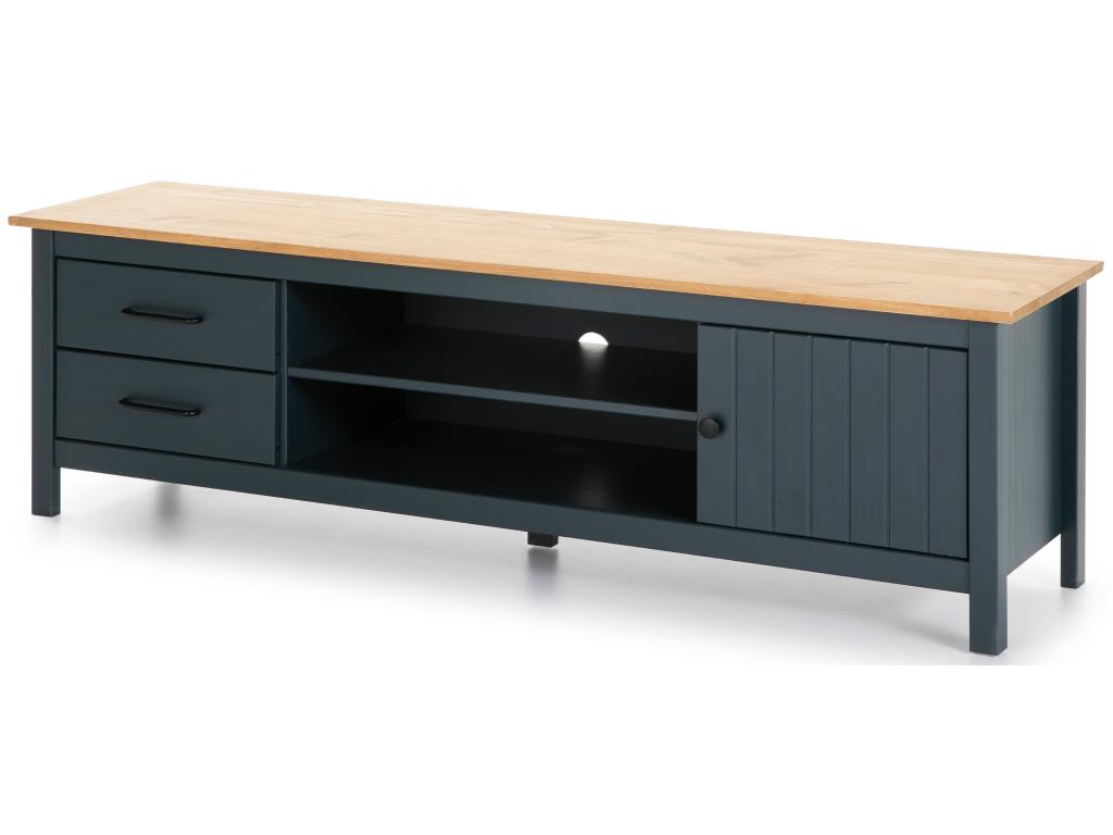 Solid pine TV stand with waxed oak and blue finish, storage unit - Length 158 x Depth 40 x Height 47 cm ACWV89082