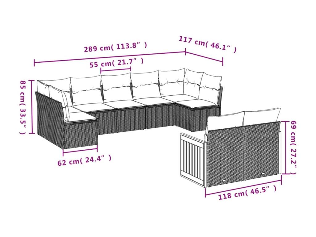 9-piece garden furniture set with cushions, black woven resin DLHI24546