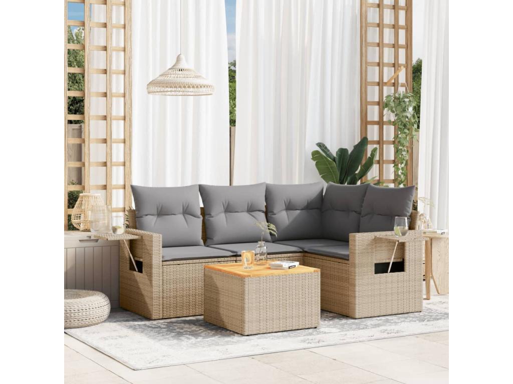 5-piece garden furniture set with cushions, meNobellea beige woven resin ERNO26259