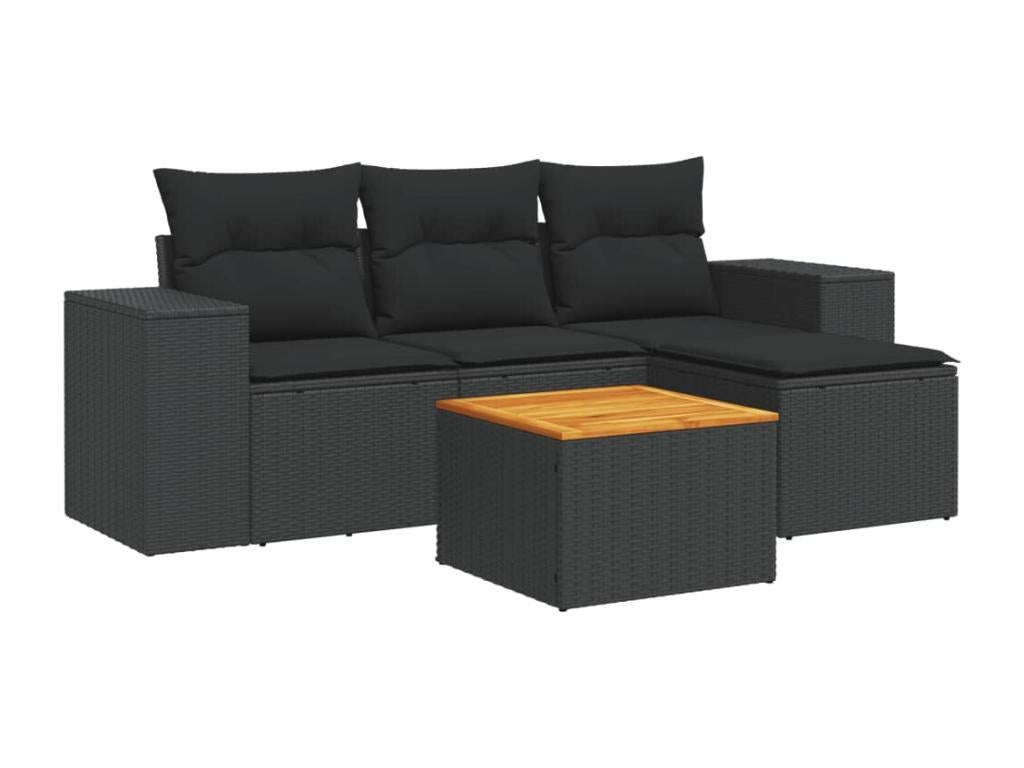 5-piece garden furniture set with cushions, black resin wicker EBEX95807