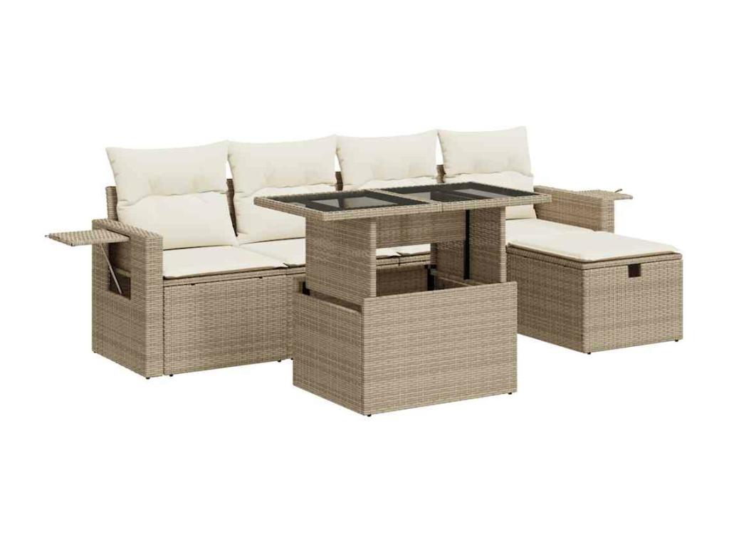 Garden furniture set with cushions, 6 pieces, beige woven resin, WGQS49301