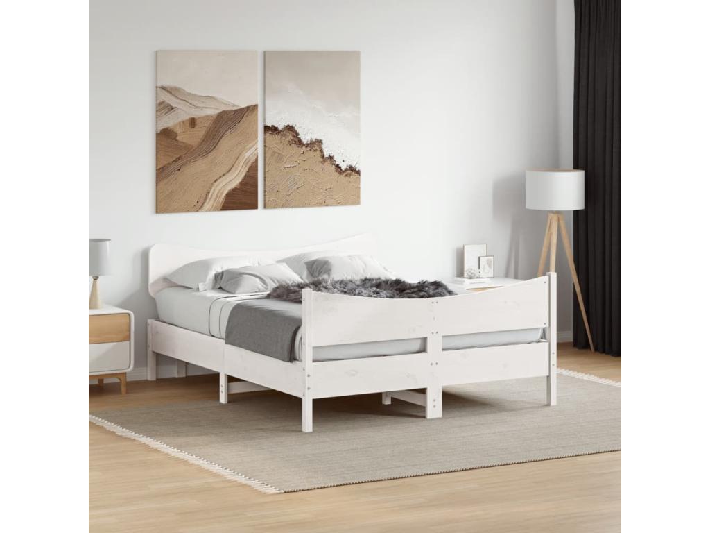 Bed frame with white headboard, 135x190 cm, solid pine wood, ALIW32873