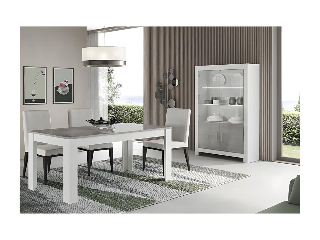 Nobellea - White and Grey Marble Living Room Set with 190cm Table and 4-Door Display Cabinet with LEDs LHQC23780