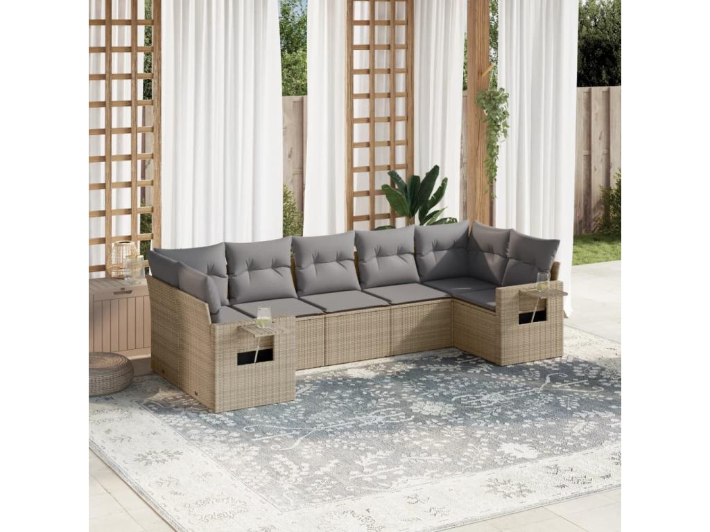 Garden furniture set with cushions, 7 pieces, beige woven resin, FCLF35079