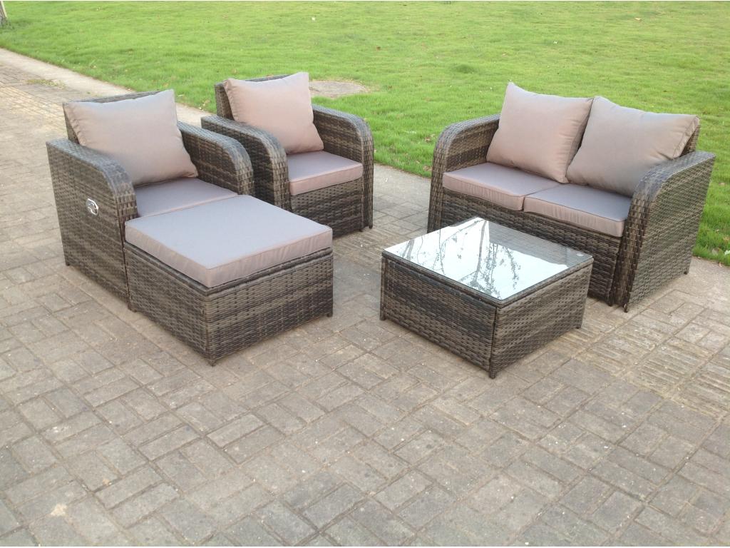 Rattan garden furniture with square coffee table, love sofa, reclining chairs, stools, MéNobellea dark grey GVUQ45617
