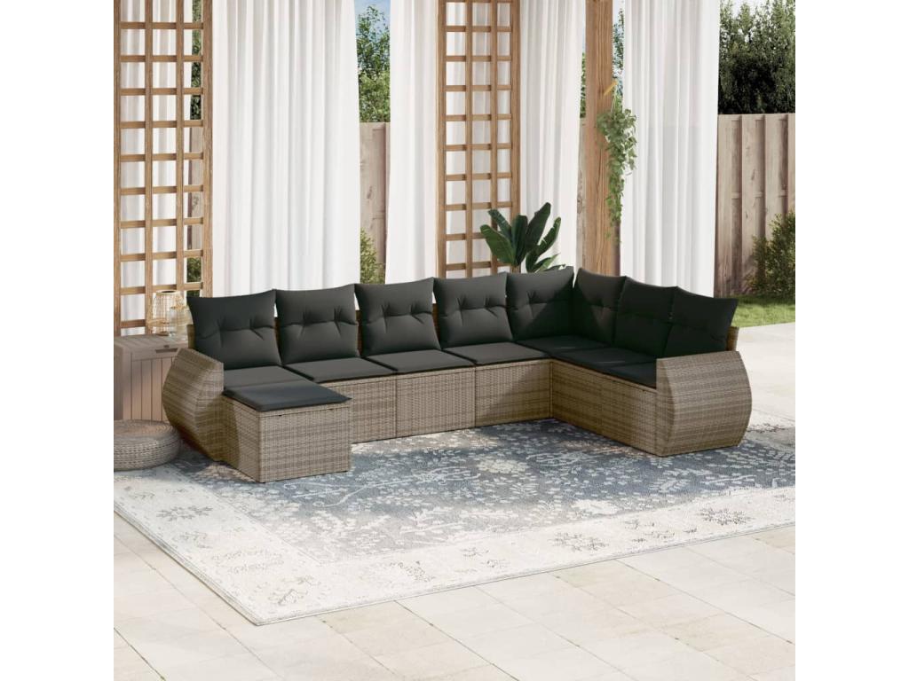 8-piece garden furniture set with grey resin wicker cushions BWKU69944