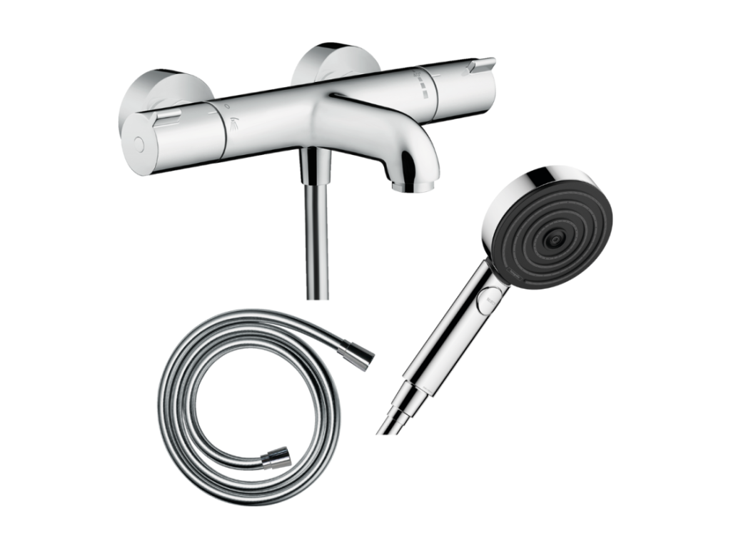 Nobellea 1001CL thermostatic bath mixer pack, Nobellea flexible hose, Nobellea Pulsify shower head 105 3-jet chrome ASJR82336