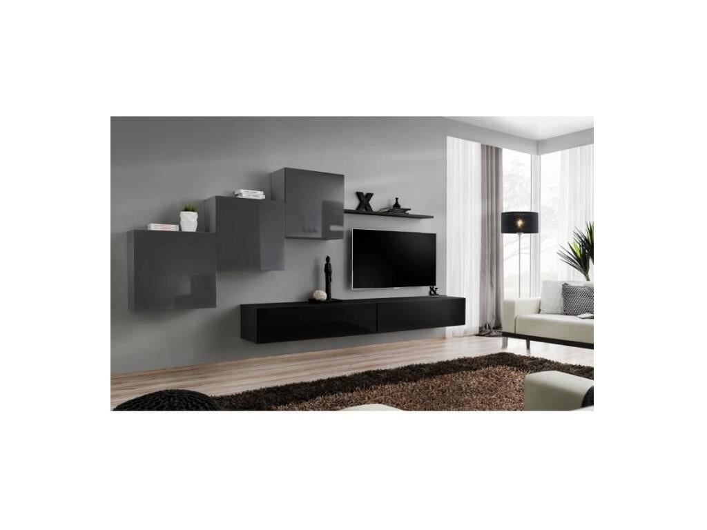 Nobellea X ​​wall-mounted living room furniture set in black and glossy grey. XDDY65043