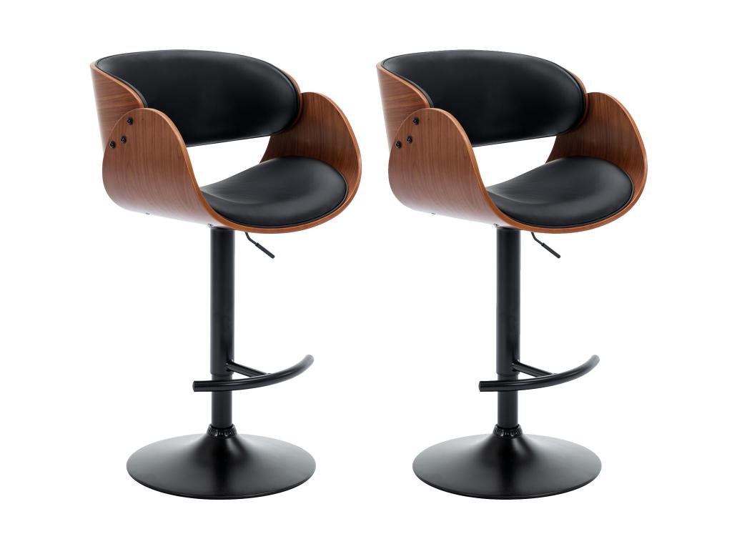 Set of 2 bar stools in faux walnut veneer and metal - Black and Dark Natural - Adjustable height - Nobellea UQIC93073