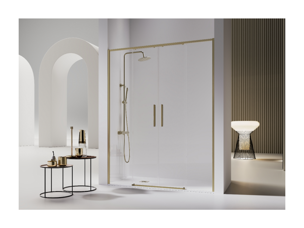 Boisona brushed gold shower enclosure with 2 fixed glass panels and 2 sliding doors, 159-161.6 cm, MNOV38922